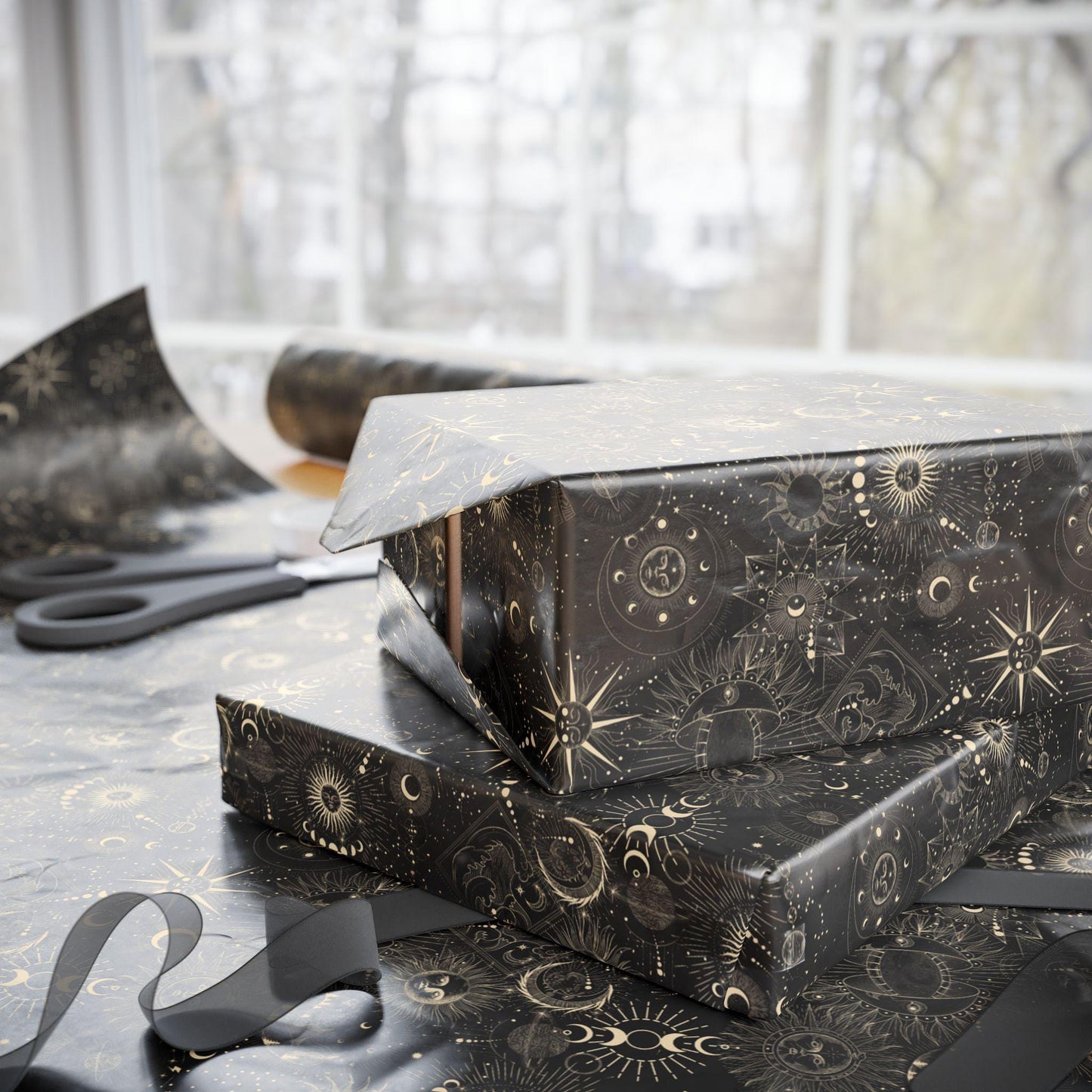 Black Wrapping Paper Witchy Gift Wrap Celestial & Mystical Art for Pagan Weddings, Goth Birthdays Occult Gifts Custom Halloween wrapping