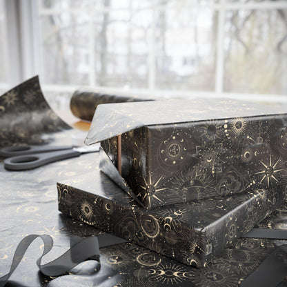 Black Wrapping Paper Witchy Gift Wrap Celestial & Mystical Art for Pagan Weddings, Goth Birthdays Occult Gifts Custom Halloween wrapping