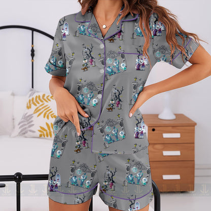 Haunted Mansion Hitchhiking Ghost Unisex Satin Pajamas Set, Nightmare Before Christmas Shirt, Long Sleeve And Short Styles