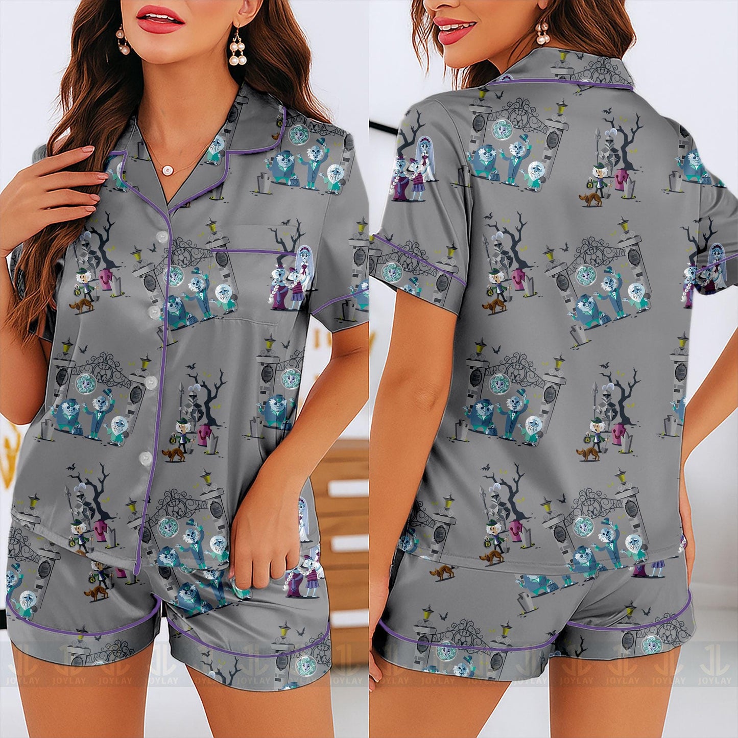 Haunted Mansion Hitchhiking Ghost Unisex Satin Pajamas Set, Nightmare Before Christmas Shirt, Long Sleeve And Short Styles