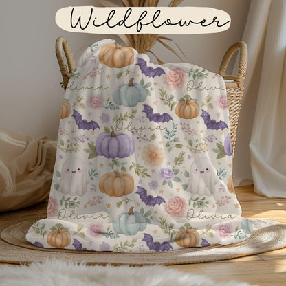 Custom Halloween Ghost Blanket, Personalized Spooky Fall Floral Throw, Bat Pumpkin Kid's Adult Blanket, Kawaii Name on Blanket Gift for Her