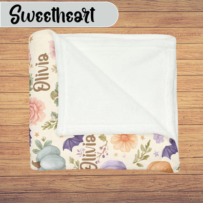 Custom Halloween Ghost Blanket, Personalized Spooky Fall Floral Throw, Bat Pumpkin Kid's Adult Blanket, Kawaii Name on Blanket Gift for Her