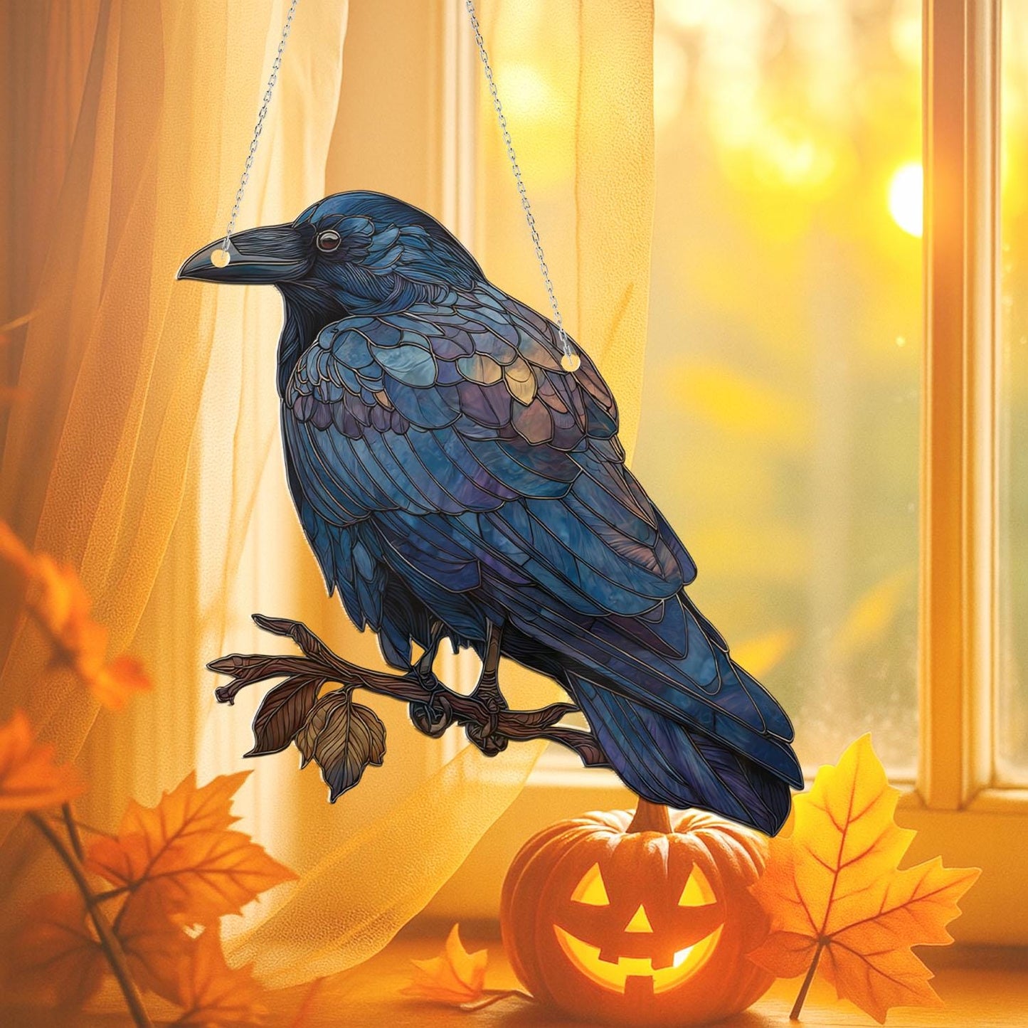 Raven window hanging decor,mystical crow ornament for gothic home,fall window decoration,spooky bird art for Halloween lovers,halloween gift