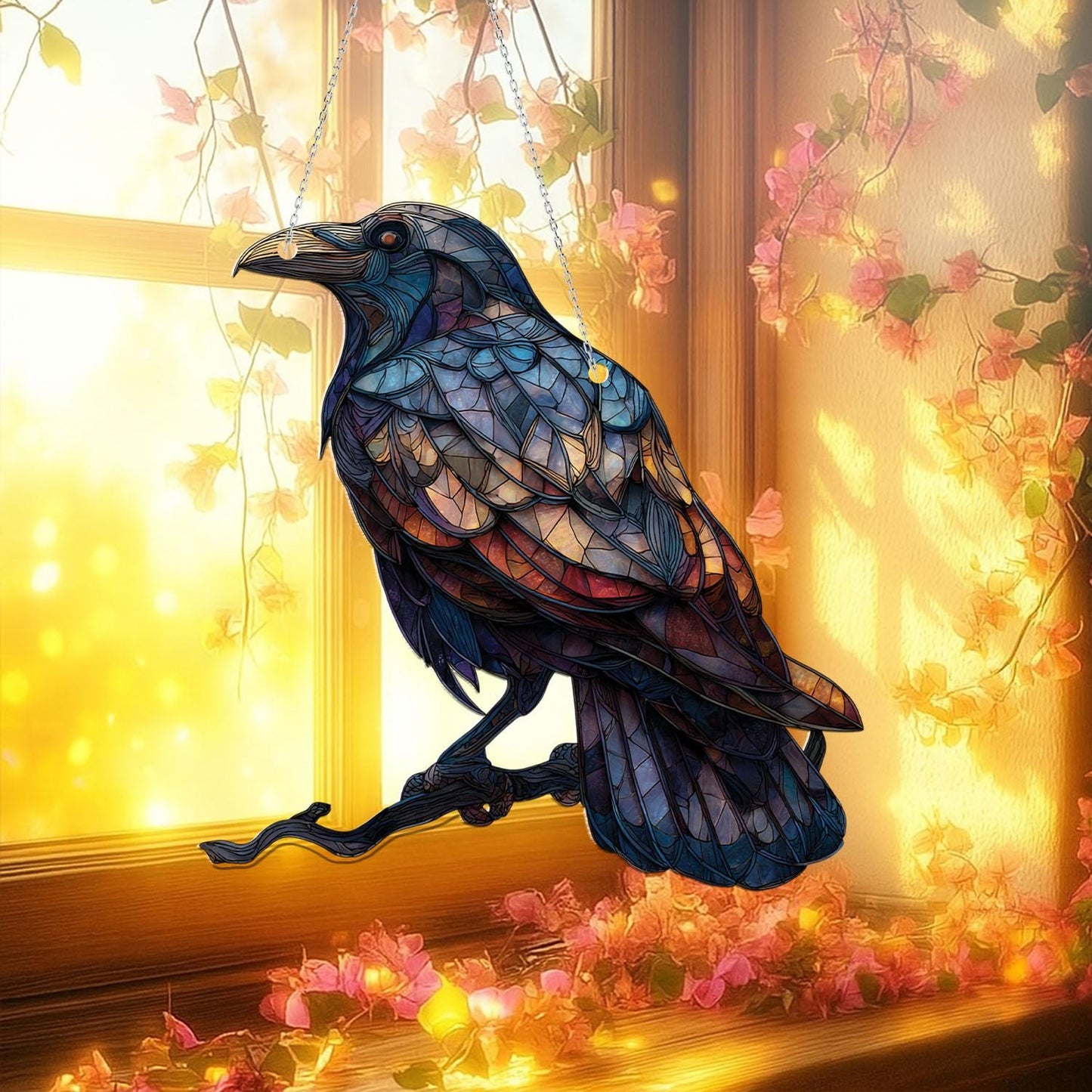 Raven window hanging decor,mystical crow ornament for gothic home,fall window decoration,spooky bird art for Halloween lovers,halloween gift