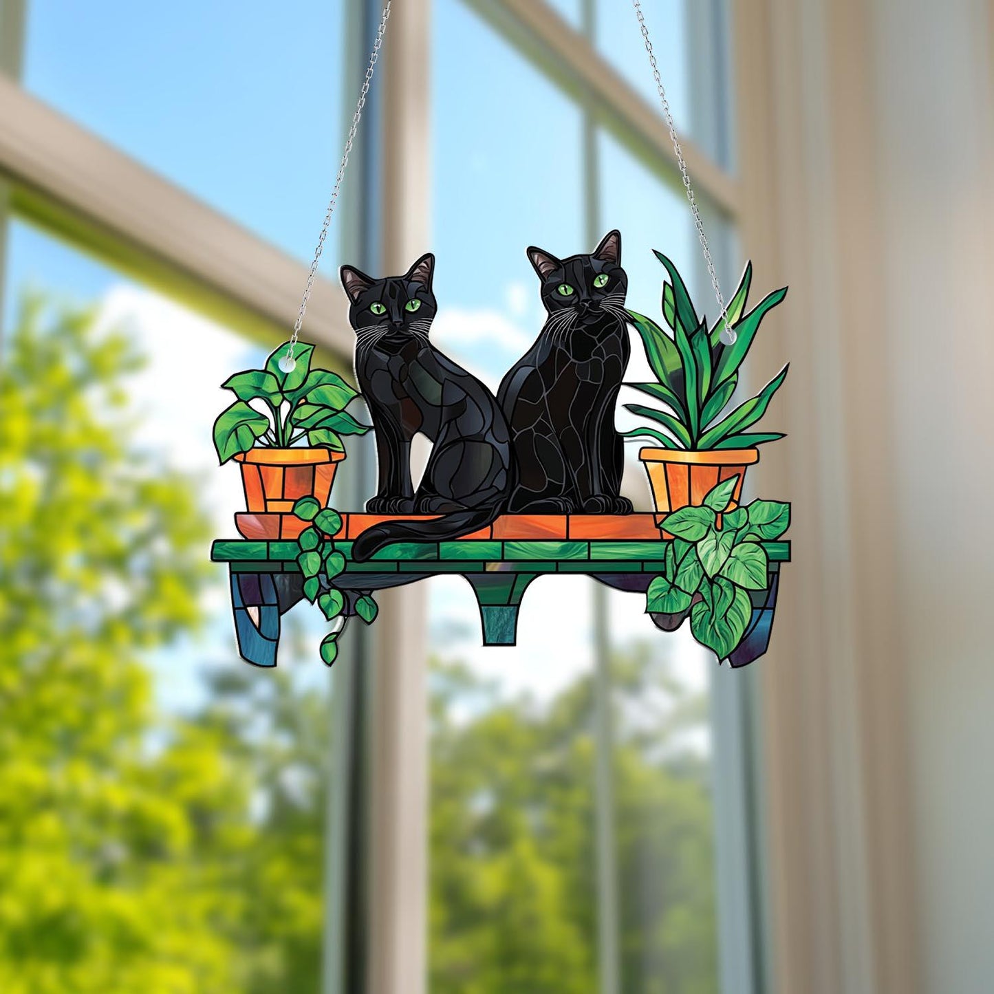 Two Black Cats on Plant Shelf Window Hanging – Elegant and Mysterious Home Décor for Cat Lovers, Plant Parents, and Cozy Autumn Vibes