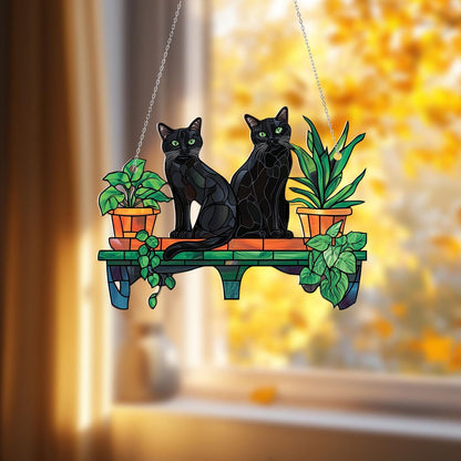 Two Black Cats on Plant Shelf Window Hanging – Elegant and Mysterious Home Décor for Cat Lovers, Plant Parents, and Cozy Autumn Vibes