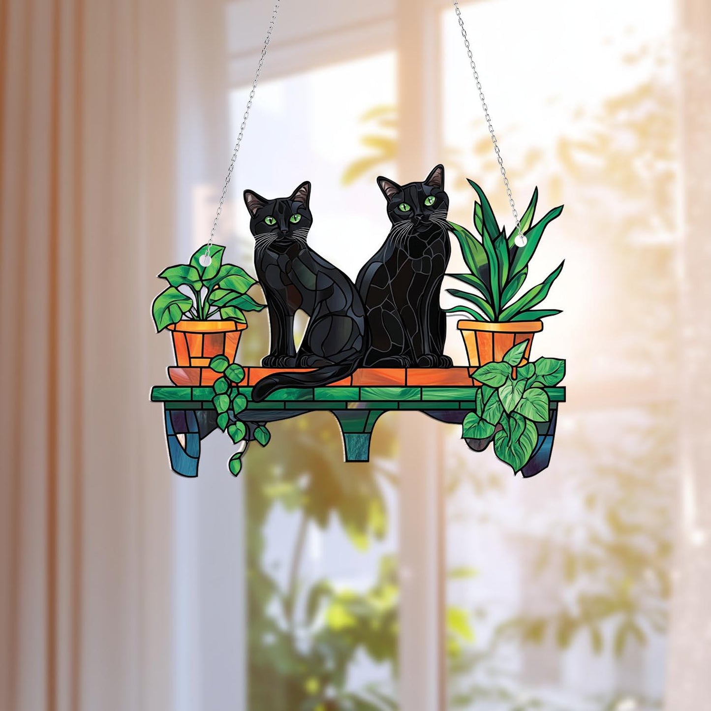 Two Black Cats on Plant Shelf Window Hanging – Elegant and Mysterious Home Décor for Cat Lovers, Plant Parents, and Cozy Autumn Vibes