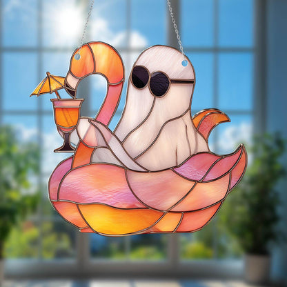 Funny Ghost on Flamingo Float Window Hanging, Summer Beach Decor with Drink and Shades, Cute Halloween Gift for Ghost Lovers