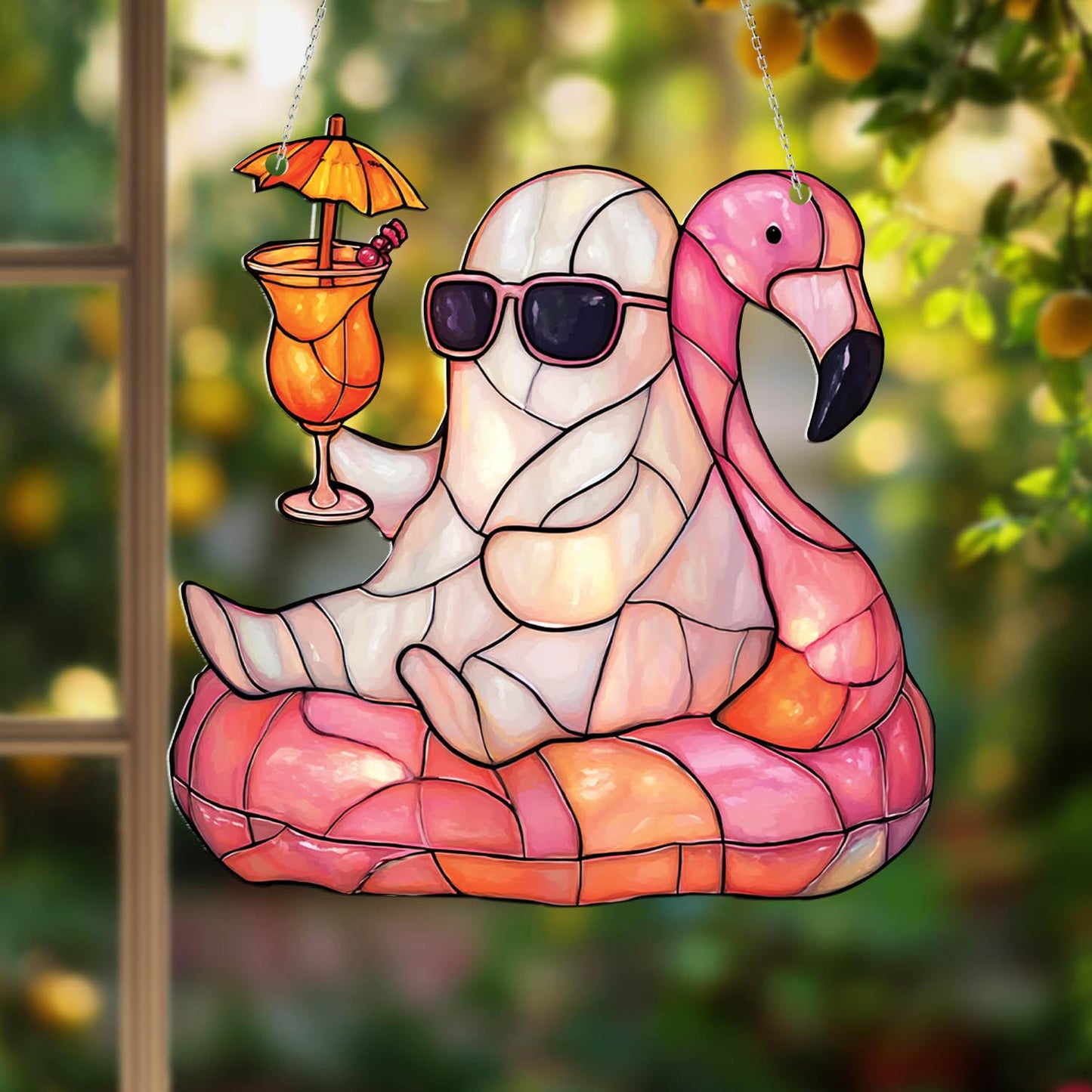 Funny Ghost on Flamingo Float Window Hanging, Summer Beach Decor with Drink and Shades, Cute Halloween Gift for Ghost Lovers