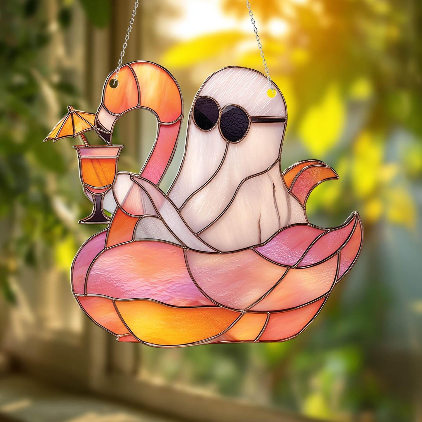 Funny Ghost on Flamingo Float Window Hanging, Summer Beach Decor with Drink and Shades, Cute Halloween Gift for Ghost Lovers