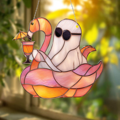 Funny Ghost on Flamingo Float Window Hanging, Summer Beach Decor with Drink and Shades, Cute Halloween Gift for Ghost Lovers