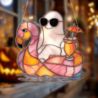 Funny Ghost on Flamingo Float Window Hanging, Summer Beach Decor with Drink and Shades, Cute Halloween Gift for Ghost Lovers