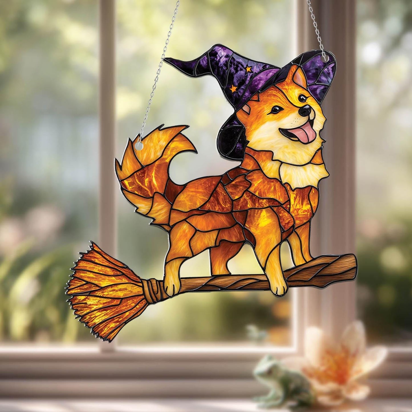 Cute Witch Dog Window Hanging with Purple Hat and Flying Broom, Halloween Fall Decor for Dog Moms, Shiba Inu Style Gift Idea