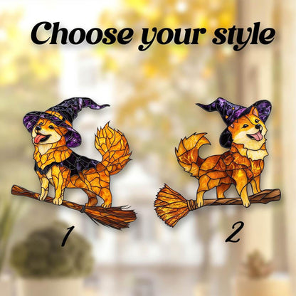Cute Witch Dog Window Hanging with Purple Hat and Flying Broom, Halloween Fall Decor for Dog Moms, Shiba Inu Style Gift Idea