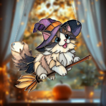Adorable Witch Cat Window Hanging with Flying Broom and Hat, Halloween Fall Decor for Cat Lovers, Cute Feline Gift for Her