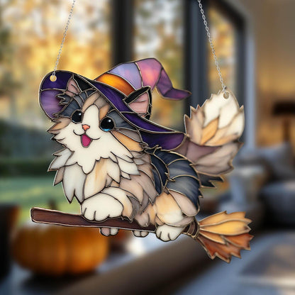 Adorable Witch Cat Window Hanging with Flying Broom and Hat, Halloween Fall Decor for Cat Lovers, Cute Feline Gift for Her
