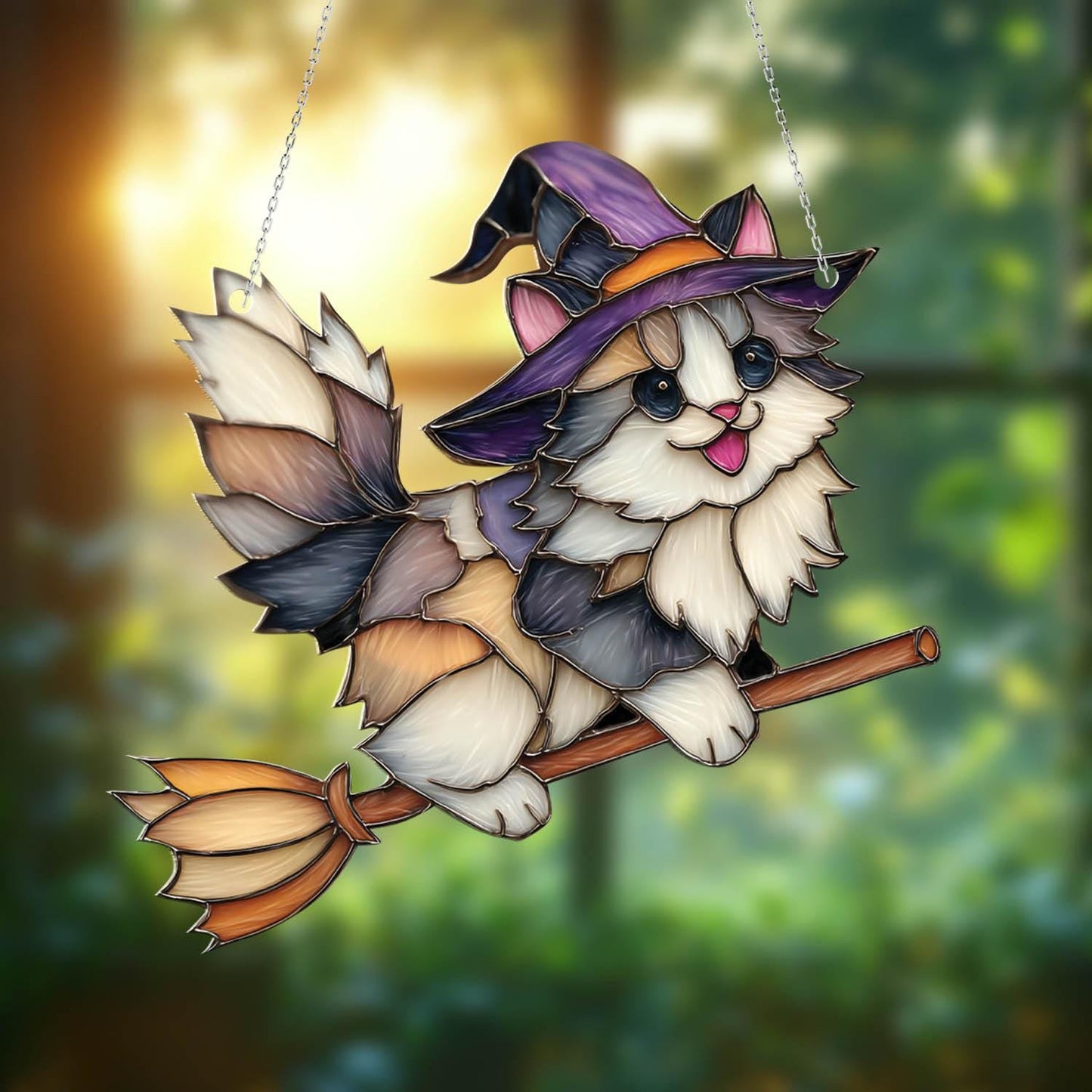 Adorable Witch Cat Window Hanging with Flying Broom and Hat, Halloween Fall Decor for Cat Lovers, Cute Feline Gift for Her