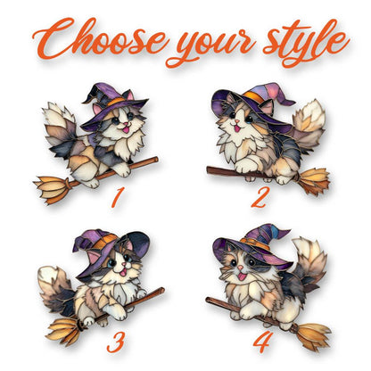 Adorable Witch Cat Window Hanging with Flying Broom and Hat, Halloween Fall Decor for Cat Lovers, Cute Feline Gift for Her