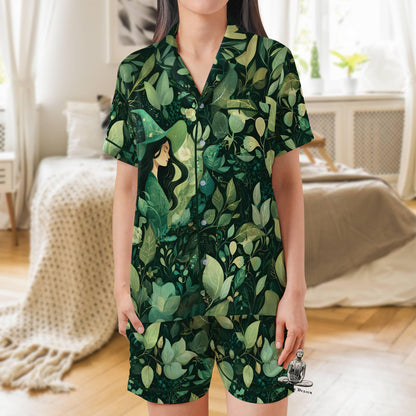 Green Witch Pajama Set Short Sleeves, Witchy Woman's Satin Pajama Short Sleeve Pagan Wiccan Gift Plant Lover Witch Gifts