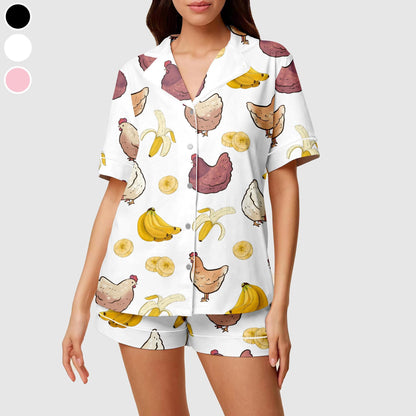 Funny Chicken And Banana Short Satin Pajamas, Chicken Lover , Farm Animal Pajamas For Women, Hen Nightwear, Chicken Themed Loungewear