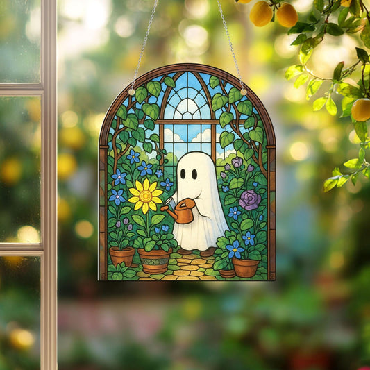 Ghost garden window hanging – glowing ghost watering flowers, cozy spooky floral decor for witchy homes and magical cottagecore windows