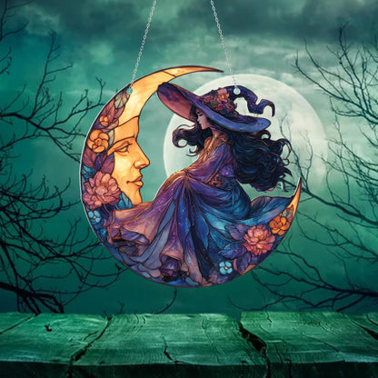 Celestial witch moon window hanging,floral witch sitting on crescent moon decor,magical boho wall art for witchy homes, cosmic window lovers