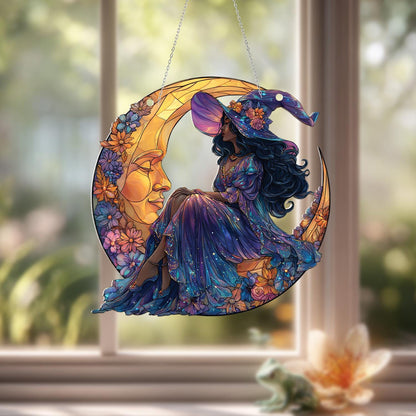 Celestial witch moon window hanging,floral witch sitting on crescent moon decor,magical boho wall art for witchy homes, cosmic window lovers