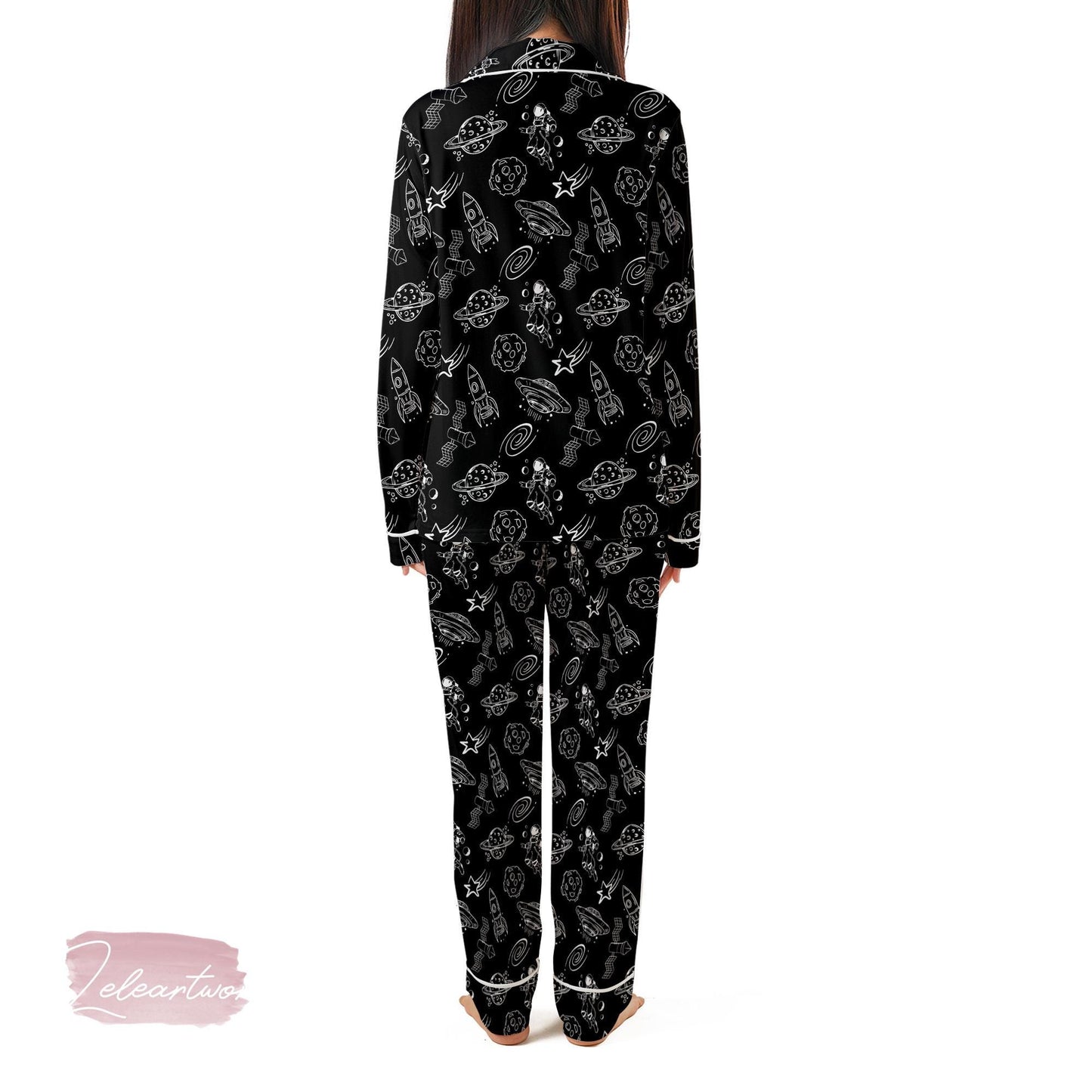 Astronaut Space City Pajama Set – Black Galaxy Short Sleeve Sleepwear, Fun Space Lover Loungewear Gift for Dreamers