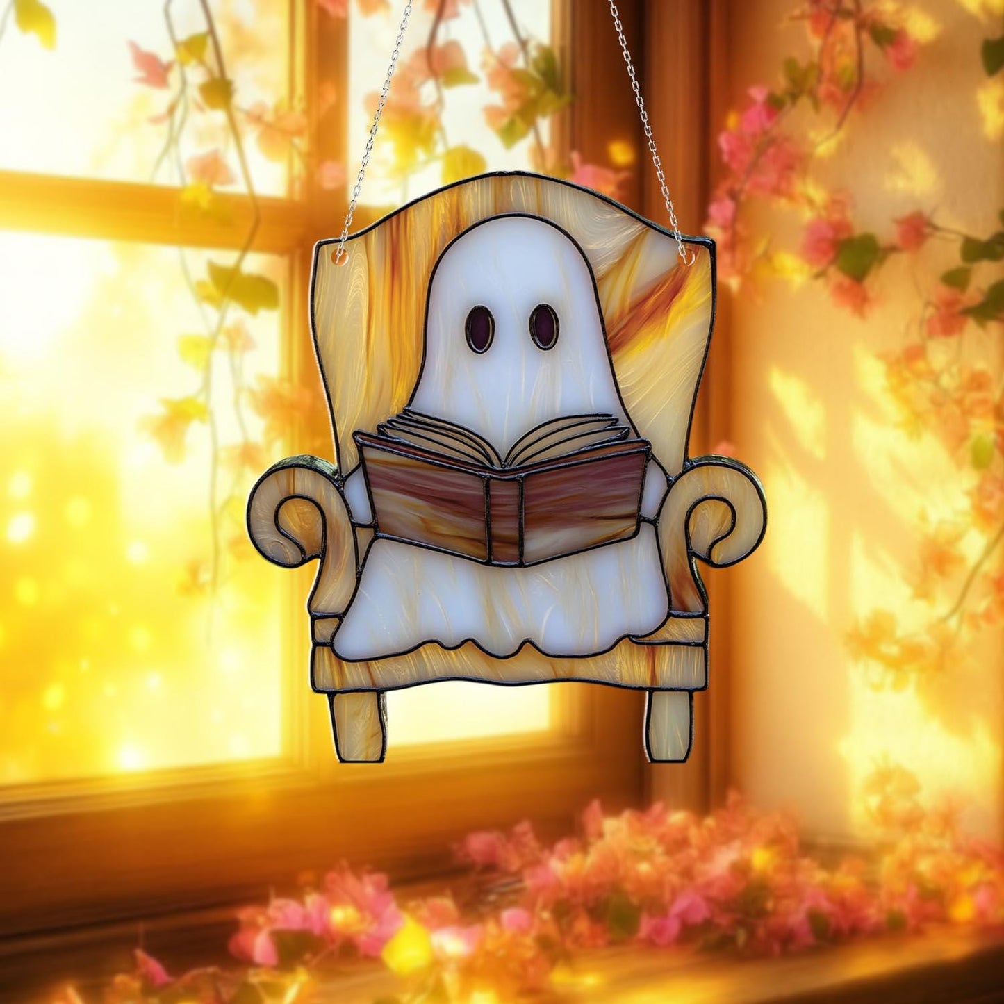 Ghost Reading Window Hanging – Cozy Spooky Halloween Decor for Book Lovers, Witchy Ghost Room Aesthetic, Cute Ghost Home Window Art