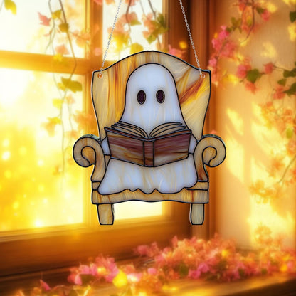 Ghost Reading Window Hanging – Cozy Spooky Halloween Decor for Book Lovers, Witchy Ghost Room Aesthetic, Cute Ghost Home Window Art