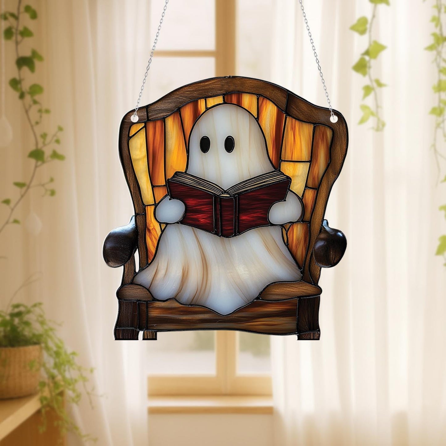 Ghost Reading Window Hanging – Cozy Spooky Halloween Decor for Book Lovers, Witchy Ghost Room Aesthetic, Cute Ghost Home Window Art