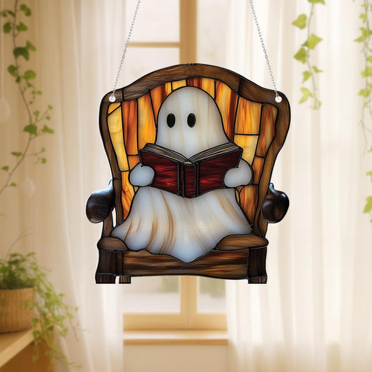 Ghost Reading Window Hanging – Cozy Spooky Halloween Decor for Book Lovers, Witchy Ghost Room Aesthetic, Cute Ghost Home Window Art