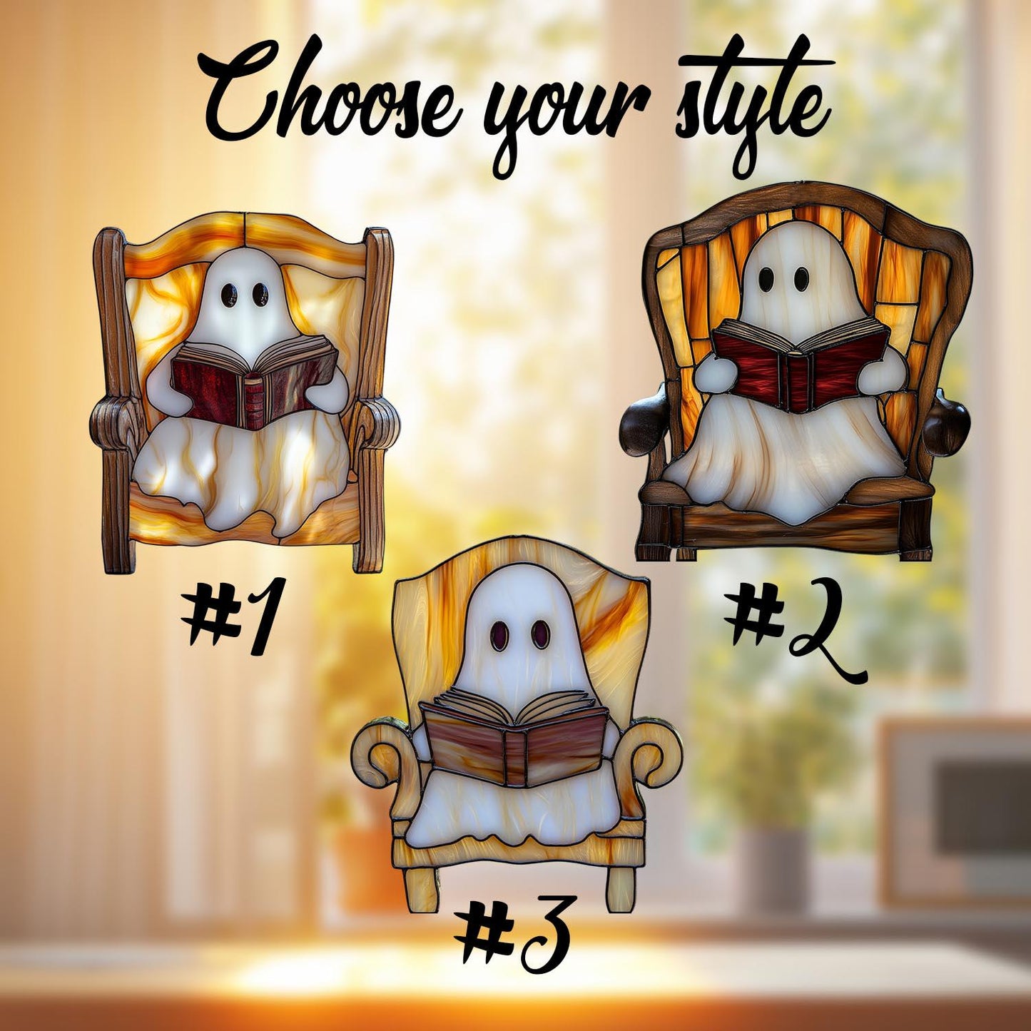 Ghost Reading Window Hanging – Cozy Spooky Halloween Decor for Book Lovers, Witchy Ghost Room Aesthetic, Cute Ghost Home Window Art