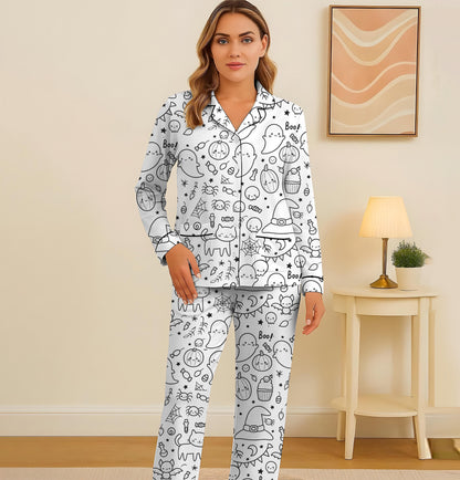 Halloween Pattern Pajamas Set, Cute Boo Witch Pumpkin Bat Spider Web Sleepwear, Spooky Season Gift, Halloween Matching Set