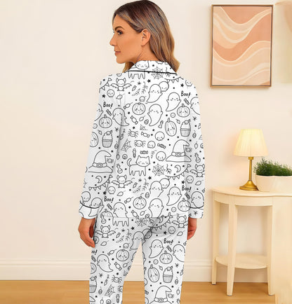Halloween Pattern Pajamas Set, Cute Boo Witch Pumpkin Bat Spider Web Sleepwear, Spooky Season Gift, Halloween Matching Set