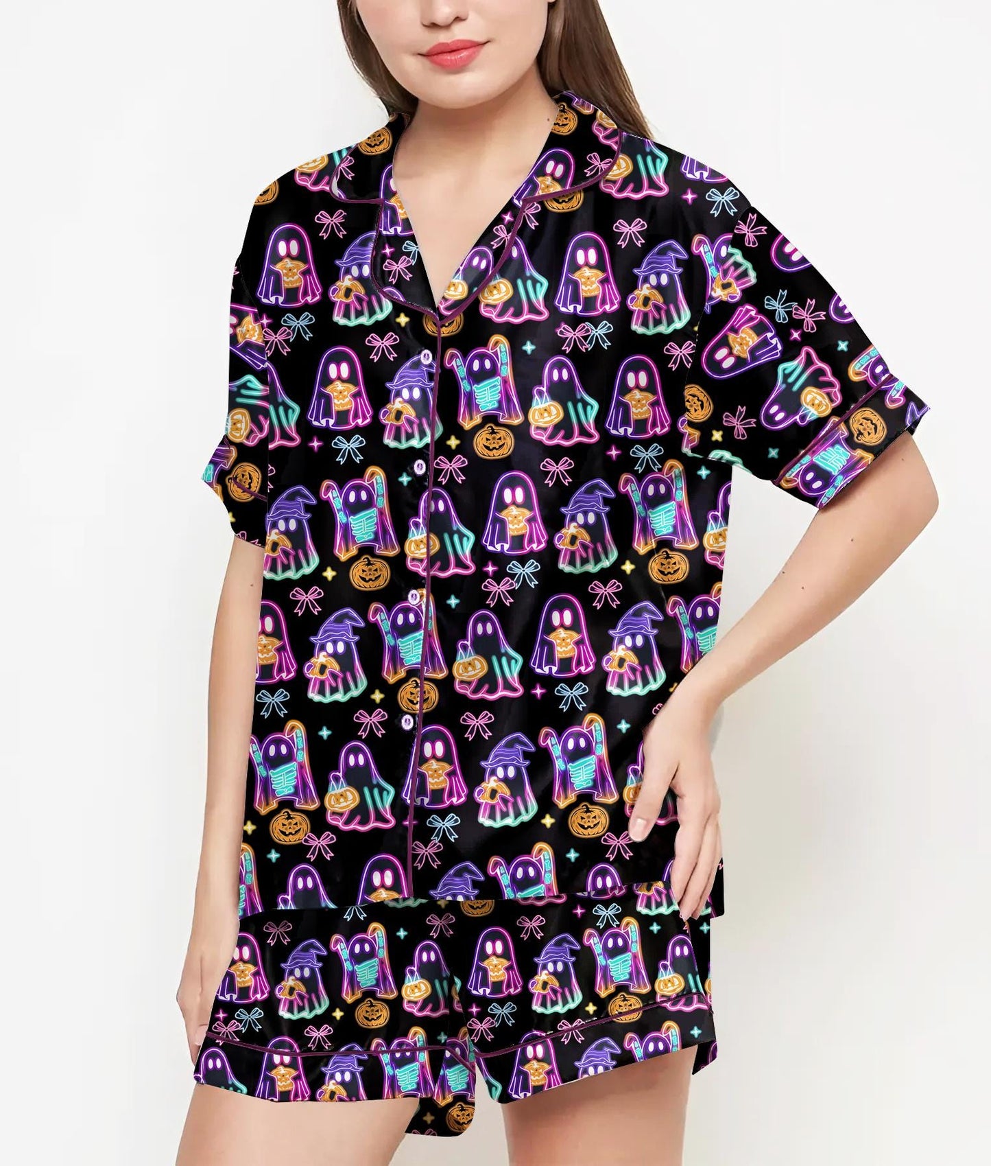 Vintage Halloween Shirt, Pajamas Satin Set, Cute Ghost, Witches, Gift For Halloween, Neon Halloween Coquette, Spooky Season, Fall Aesthetic
