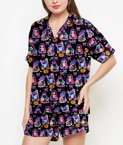 Vintage Halloween Shirt, Pajamas Satin Set, Cute Ghost, Witches, Gift For Halloween, Neon Halloween Coquette, Spooky Season, Fall Aesthetic