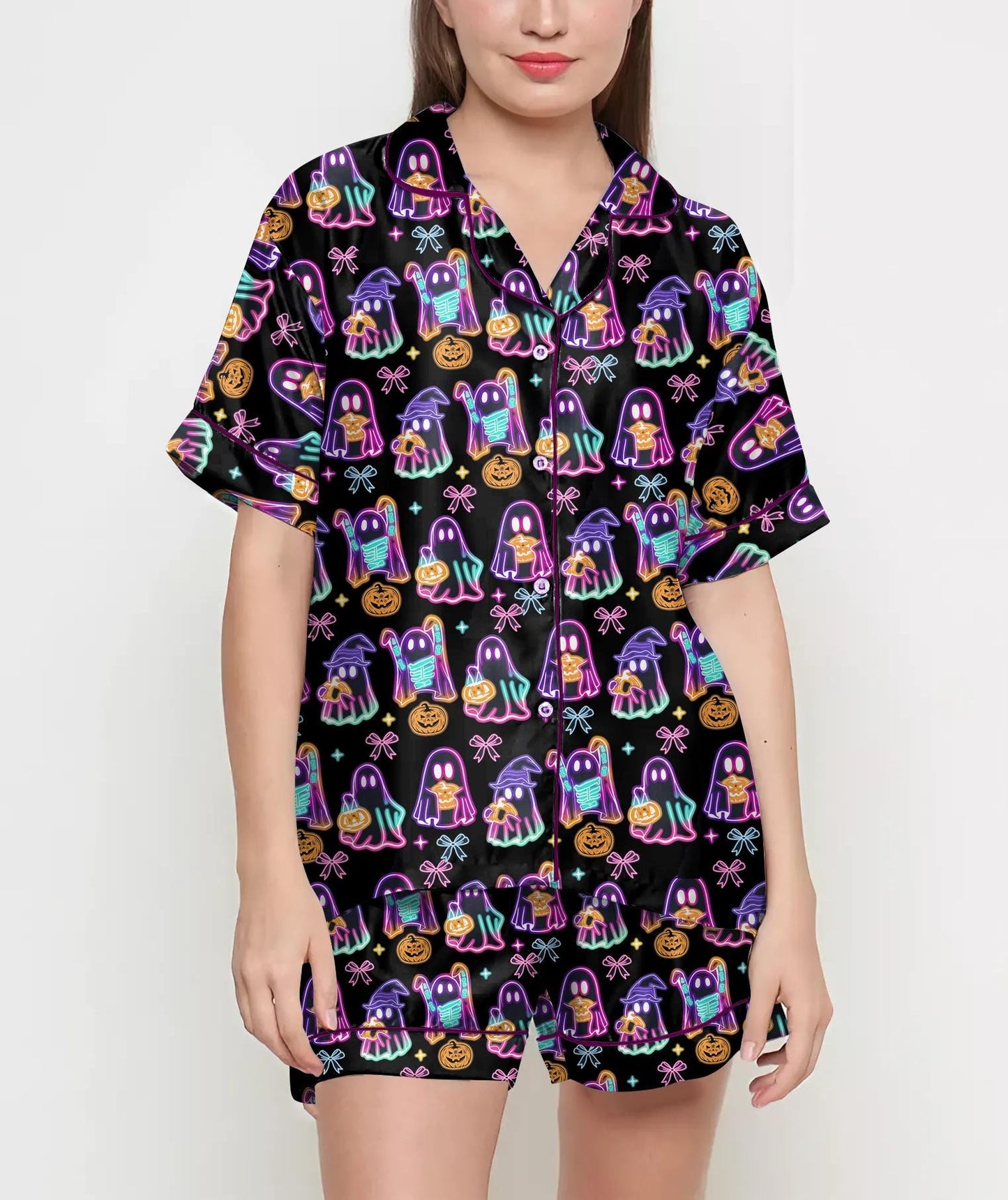 Vintage Halloween Shirt, Pajamas Satin Set, Cute Ghost, Witches, Gift For Halloween, Neon Halloween Coquette, Spooky Season, Fall Aesthetic