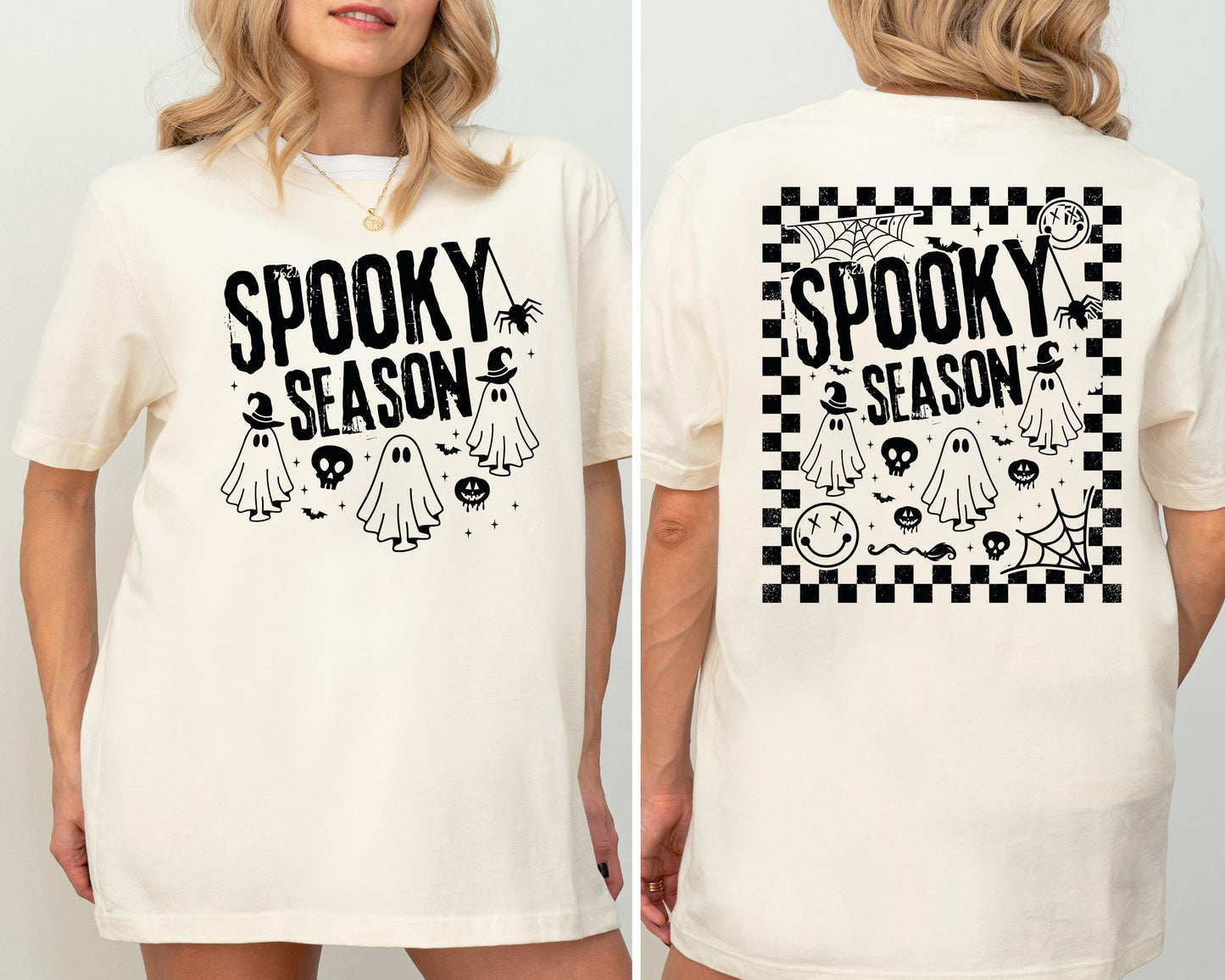 Ghost Spooky Season Shirt, Checkered Halloween T-Shirt, Ghost Checkered Sweatshirt, Horror Halloween Shirt, Vintage Spooky Girly Trip Shirt