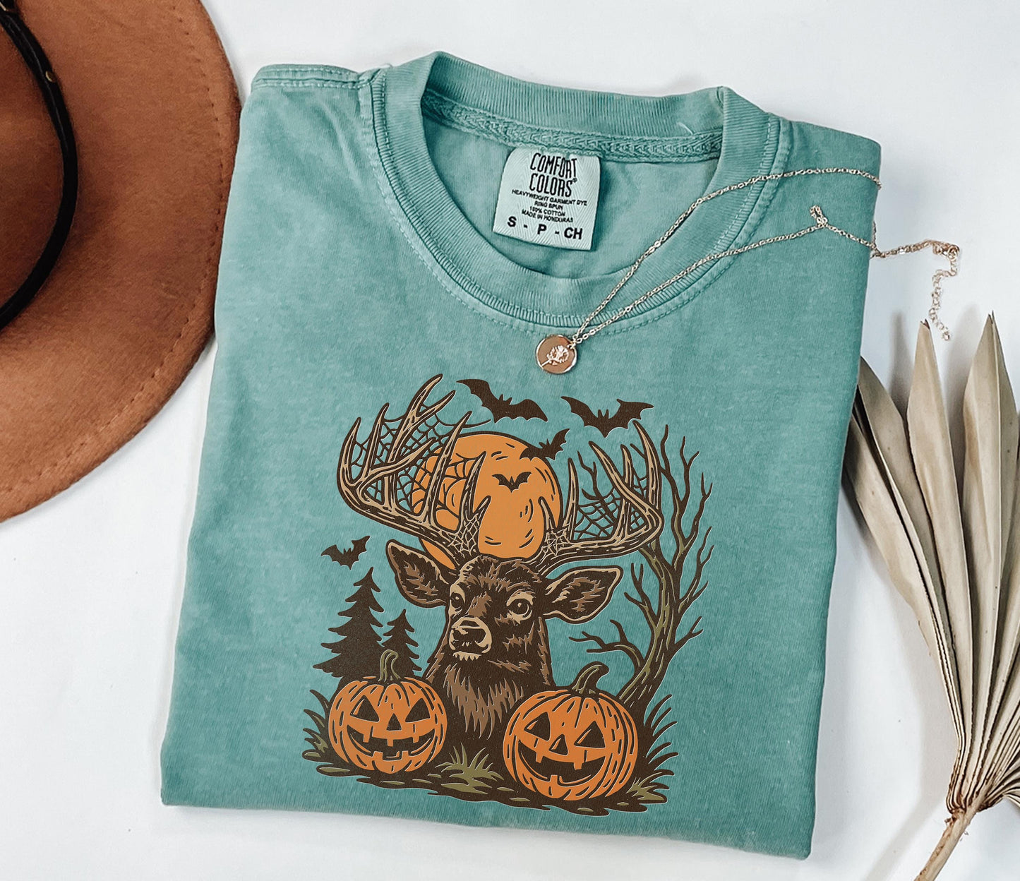 Comfort Colors® Halloween Deer Shirt, Spooky Forest Buck Shirt with Pumpkins & Bats, Rustic Hunting Halloween Shirt, Fall Antler Skull Shirt