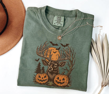 Comfort Colors® Halloween Deer Shirt, Spooky Forest Buck Shirt with Pumpkins & Bats, Rustic Hunting Halloween Shirt, Fall Antler Skull Shirt