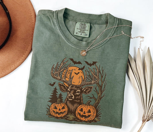 Comfort Colors® Halloween Deer Shirt, Spooky Forest Buck Shirt with Pumpkins & Bats, Rustic Hunting Halloween Shirt, Fall Antler Skull Shirt