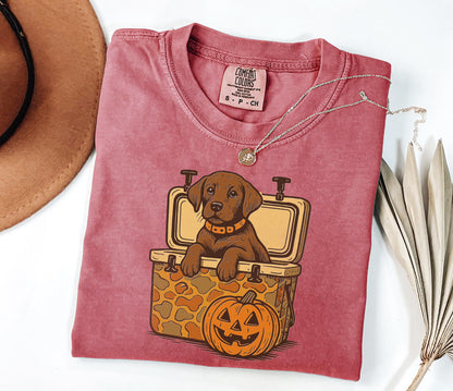 Comfort Colors® Brown Lab Halloween Shirt, Dog in Camo Cooler Shirt with Pumpkin Face, Fall Hunting Dog Shirt,Southern Spooky Halloween Tee