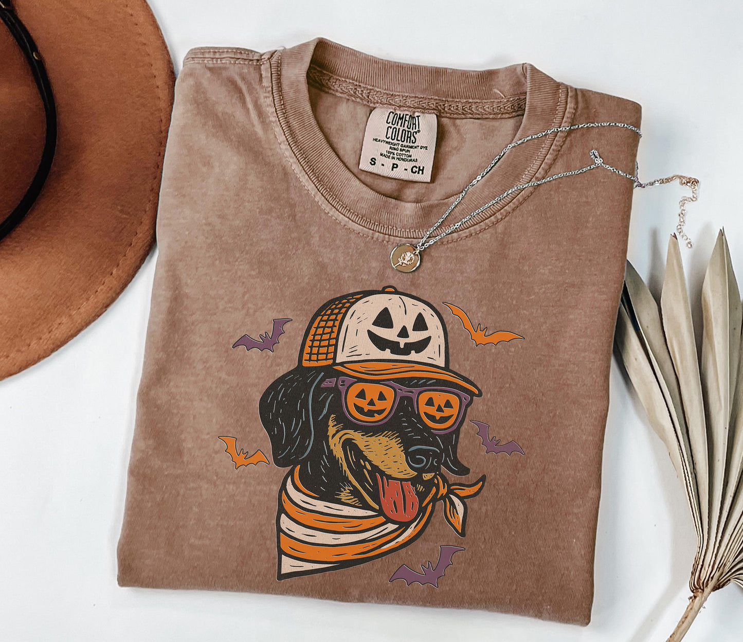 Comfort Colors® Halloween Cool Dog Shirt, Dachshund with Pumpkin Trucker Hat and Sunglasses Shirt, Funny Fall Halloween Shirt for Dog Lovers