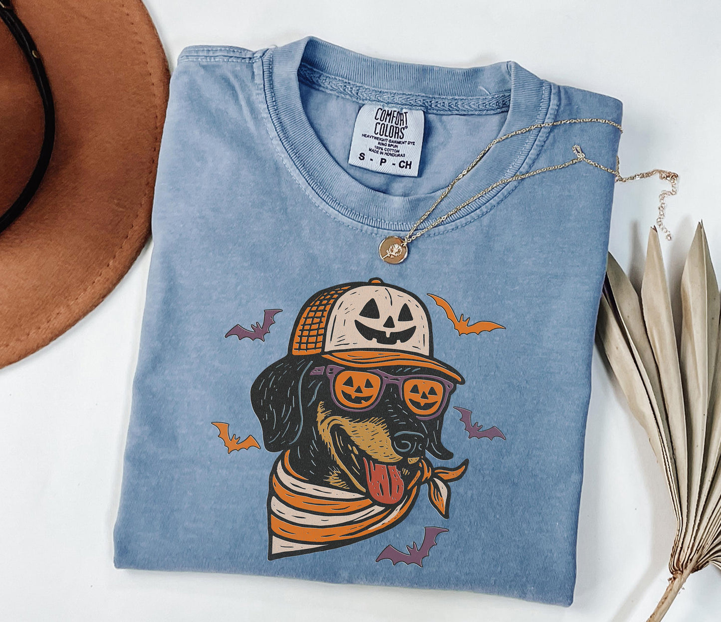 Comfort Colors® Halloween Cool Dog Shirt, Dachshund with Pumpkin Trucker Hat and Sunglasses Shirt, Funny Fall Halloween Shirt for Dog Lovers