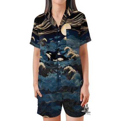 Orca Pajama Set Short Sleeves, Killer Whale Woman's Satin Pajama Short Sleeve Ocean Lover Gift
