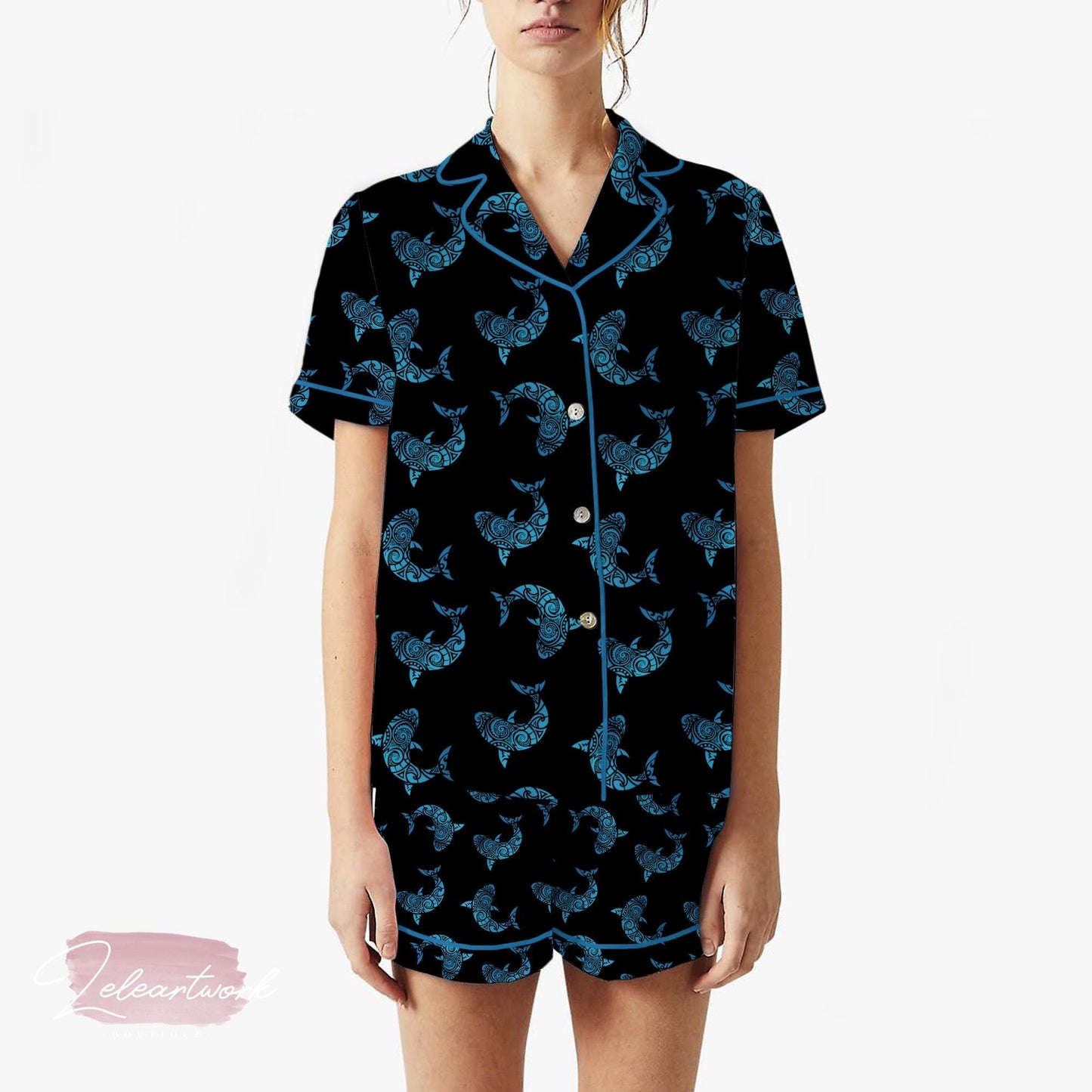 Hawaii Mano Shark Lover Pajama Set – Tribal Shark Print Short Sleeve Sleepwear, Ocean-Inspired Loungewear Gift for Sea Lovers