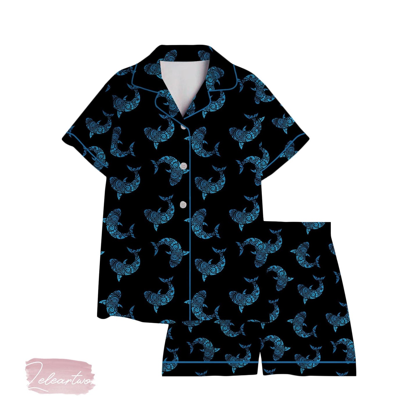 Hawaii Mano Shark Lover Pajama Set – Tribal Shark Print Short Sleeve Sleepwear, Ocean-Inspired Loungewear Gift for Sea Lovers