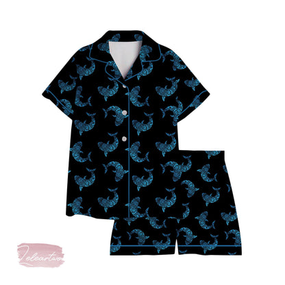 Hawaii Mano Shark Lover Pajama Set – Tribal Shark Print Short Sleeve Sleepwear, Ocean-Inspired Loungewear Gift for Sea Lovers