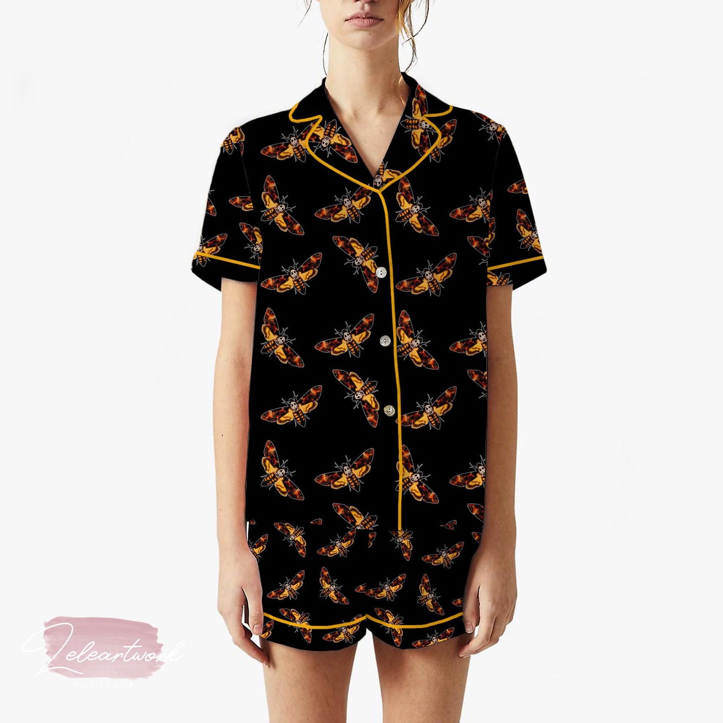 Silence of the Lambs Moth Pajama Set – Death’s Head Moth Short Sleeve Sleepwear, Dark Gothic Loungewear Gift for Horror Fans
